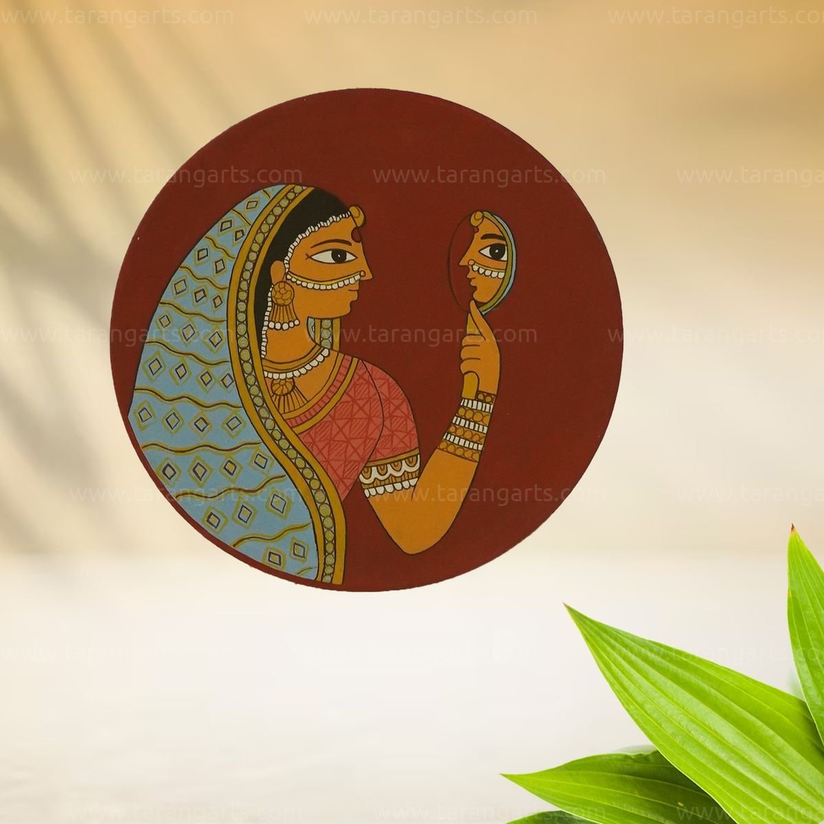 lady madhubani handpainted wooden wall hanging plate