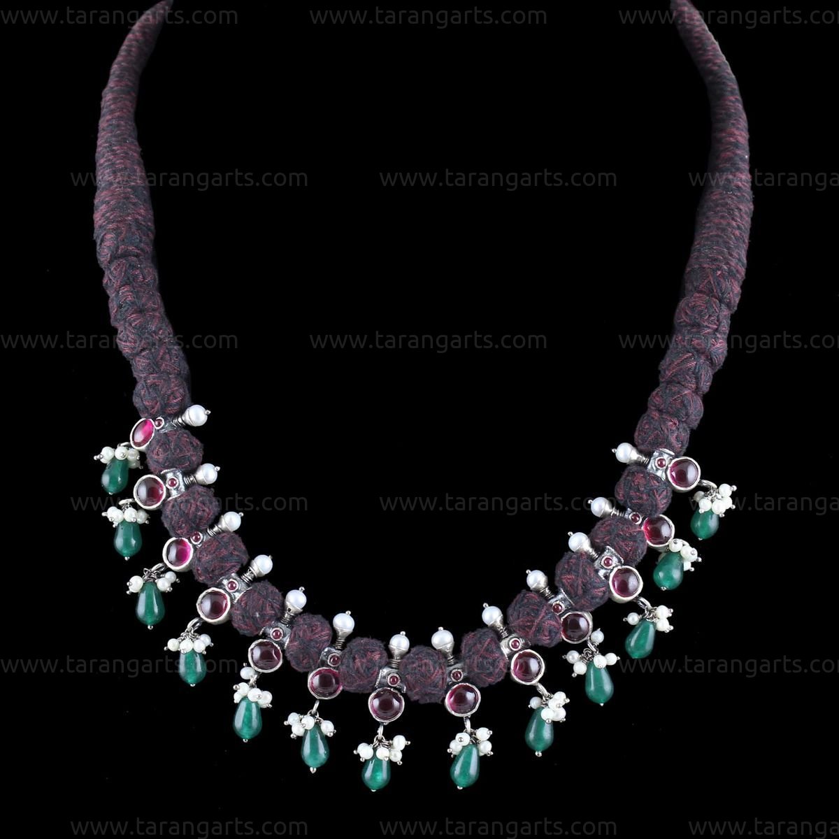 OXIDIZED SILVER RED ONYX THREAD NECKLACE WITH GREEN HYDRO BEADS www.tarangarts