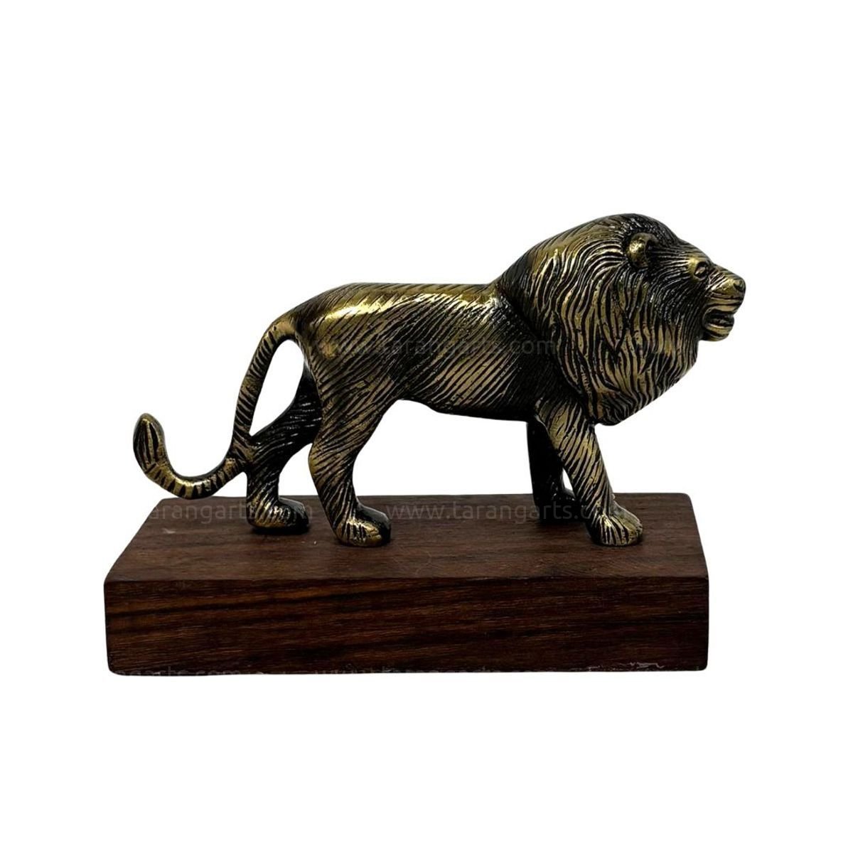 Brass Lion with Wooden Base | Handcrafted Brass Lion Wildlife